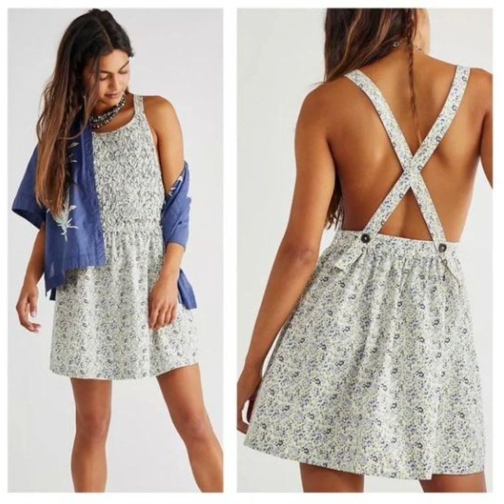 Free People Floral Mini Dress - White and Blue